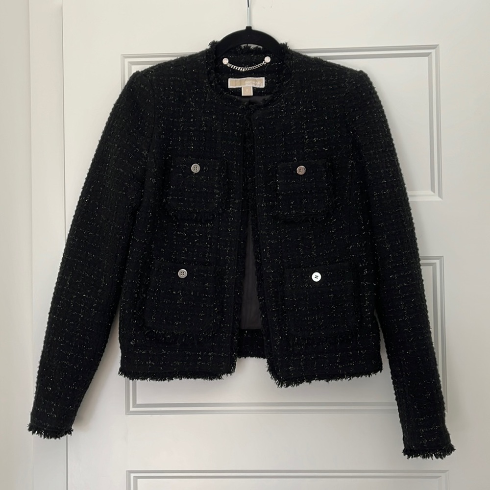 MICHAEL Michael Kors Black Tweed Collarless Pocket Jacket
